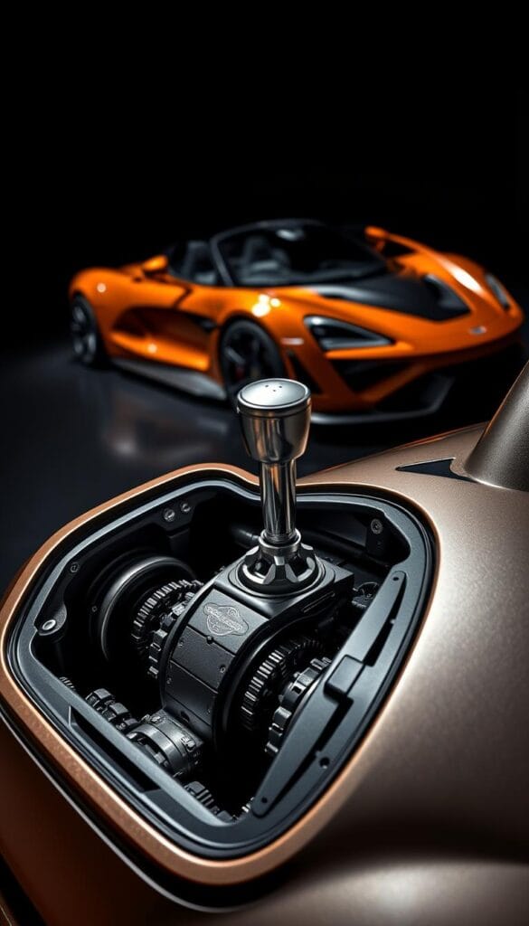 Hennessey Venom F5-M, a sleek and powerful sports car, showcases its revolutionary six-speed manual transmission. In the foreground, the transmission housing is meticulously detailed, with intricate gear mechanisms and a sturdy, chrome-accented shift lever. The midground features the car's muscular body, highlighting its aerodynamic design and vibrant paint finish. Dramatic lighting casts dramatic shadows, emphasizing the transmission's mechanical complexity. In the background, a high-contrast, moody environment sets the tone, evoking the engineering prowess and performance-oriented character of this exceptional vehicle.