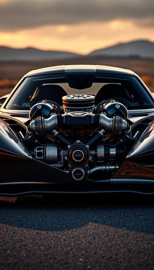 Hennessey Venom F5 Powertrain Innovation: A Hypercar's Heart A gleaming, exposed Venom F5 powertrain takes center stage, its intricate components meticulously detailed. Sleek, aerodynamic lines and a muscular, low-slung profile dominate the foreground, conveying raw power and performance. Warm, directional lighting casts dramatic shadows, highlighting the technical complexity of the engine block, turbochargers, and transmission. In the background, a blurred landscape suggests the Venom F5's incredible top speed capabilities, while a moody, cinematic atmosphere envelops the scene, evoking a sense of awe and automotive passion.