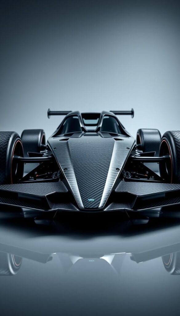 Hennessey Venom F5 carbon fiber chassis, showcasing its lightweight and rigid construction. Intricate weave patterns capture the advanced materials and manufacturing techniques. Dramatic studio lighting accentuates the angular, futuristic design. Smooth reflections reveal the chassis' glossy surface, hinting at its exceptional aerodynamic efficiency. The camera angles highlight the vehicle's low-slung, aggressive stance, ready to deliver uncompromising performance. An engineering masterpiece, this chassis forms the foundation for the Venom F5's record-breaking capabilities.
