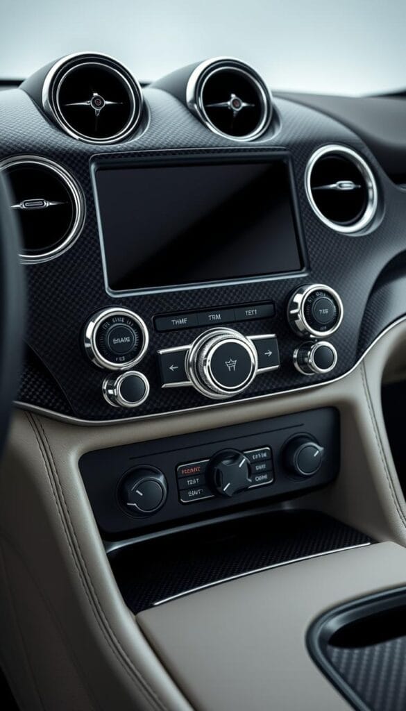 Hennessey Venom F5 high-performance climate control system, centered in elegant dashboard. Sleek, intuitive touch interface with precision temperature dials and airflow adjustments. Gleaming chrome accents against luxurious leather and carbon fiber panel. Directional vents seamlessly integrated, bathing occupants in soothing, evenly distributed climate. Subtle ambient lighting illuminates controls, creating a refined, high-tech ambiance. Crisp, dynamic composition showcasing advanced climate management crafted for ultimate comfort in Venom F5 cabin.