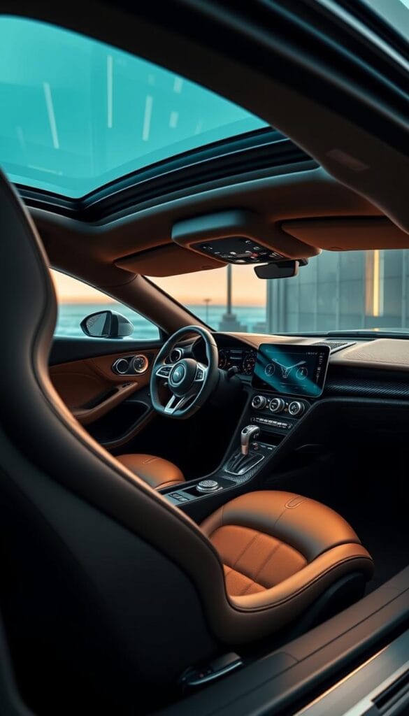 Hennessey Venom F5 interior, luxurious cockpit with supple leather upholstery and exquisite carbon fiber accents. The driver's seat is ergonomically designed, offering exceptional comfort and support. Soft ambient lighting illuminates the cabin, creating a serene and sophisticated atmosphere. The dashboard features a large, high-resolution touchscreen display and a sleek, minimalist design. Precision-engineered controls and buttons are within easy reach, allowing the driver to seamlessly command the powerful Venom F5. Elegant stitching and meticulous attention to detail elevate the overall sense of luxury and exclusivity.