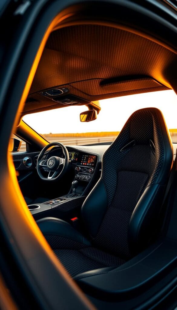 Hennessey Venom F5 interior, showcasing its luxurious and technologically advanced carbon fiber design. The cabin is bathed in a warm, ambient lighting, casting a rich, golden glow on the intricate weave of the carbon fiber panels. The driver's seat is positioned centrally, surrounded by a sweeping, ergonomic dashboard adorned with sleek, minimalist controls. Detailed carbon fiber accents extend to the steering wheel, door panels, and center console, creating a cohesive, high-performance aesthetic. The seats are upholstered in premium leather, complementing the advanced composite materials. Carefully placed vents and subtle, integrated displays enhance the cabin's futuristic, yet elegant atmosphere. The overall impression is one of uncompromising luxury, seamlessly blending cutting-edge technology and timeless design.