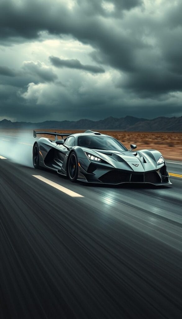 Hennessey Venom F5 racing at top speed on a deserted highway, surrounded by a dramatic, storm-swept landscape. The car's sleek, aerodynamic body in a lustrous metallic finish cuts through the wind, its twin-turbo V8 engine roaring with unbridled power. The driver's intense focus is reflected in the car's piercing headlights and aggressive front grille. Streaks of light trail behind the Venom F5 as it pushes the boundaries of performance, capturing the thrill of record-breaking velocity. The scene is illuminated by dramatic, cinematic lighting, casting dramatic shadows and highlights that accentuate the Venom F5's muscular, race-inspired design.