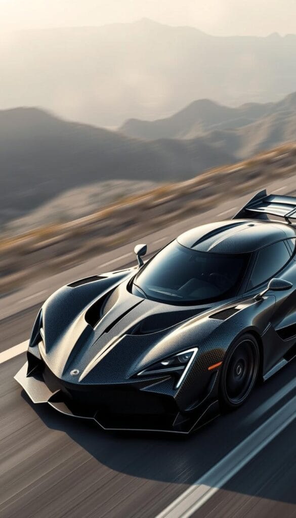 Hennessey Venom F5 slicing through the air at record-breaking speeds, its sleek carbon-fiber body gleaming under dramatic lighting. The vehicle's aerodynamic silhouette dominates the frame, conveying a sense of pure, unrelenting power. The background blurs into a hazy, ethereal landscape, emphasizing the car's singular focus on achieving the pinnacle of performance. Intricate details such as the aggressive front grille, razor-sharp lines, and massive rear spoiler are captured with precision, showcasing the Venom F5's racing heritage and engineering prowess. The scene exudes a palpable tension, as if the vehicle is poised to launch itself forward and shatter the boundaries of what's considered possible.