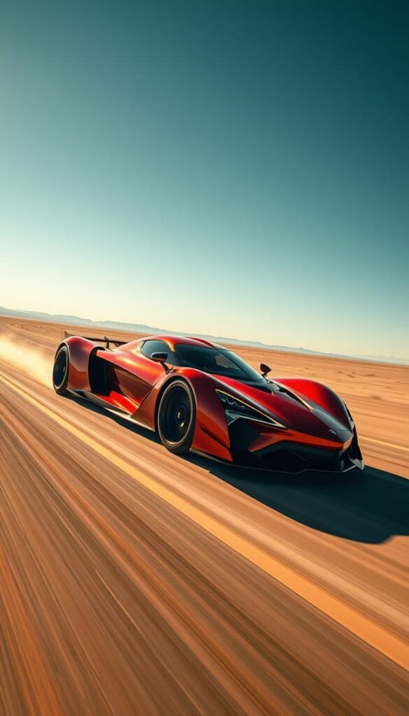 Hennessey Venom F5 speed record attempt, captured in dynamic motion. The sleek, aerodynamic supercar cuts through the air, its crimson body gleaming under the warm desert sun. In the foreground, the Venom F5 surges forward, its powerful engine roaring as it approaches the speed record target. Surrounding the vehicle, a vast, arid landscape provides the dramatic backdrop, emphasizing the sheer scale of the challenge. Dramatic lighting casts long shadows, conveying a sense of tension and anticipation. The camera angle is low, accentuating the Venom F5's aggressive, ground-hugging stance. Subtle motion blur suggests the incredible velocity, while the sharp focus preserves the intricate details of the car's design.