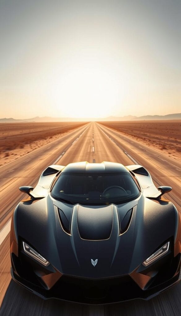 Hennessey Venom F5 speeding down a long, desolate desert runway, the sun glinting off its sleek, carbon-fiber body. In the foreground, the car's aggressive front end, with its menacing grille and piercing headlights, commands attention. The middle ground captures the Venom F5's low-slung profile, hinting at its incredible power and agility. In the background, a vast, arid landscape stretches out, emphasizing the car's isolation and the challenge of its record-breaking pursuit. The scene is bathed in warm, golden light, creating a sense of anticipation and drama. The Venom F5 appears poised, ready to unleash its 1,817 horsepower and smash through the 300 mph barrier, cementing its status as a true hypercar legend.