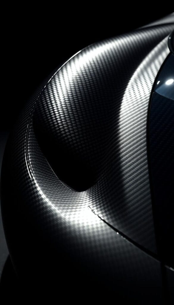 Hennessey Venom F5 sports car, showcasing its intricate carbon fiber construction. A detailed close-up view highlights the weave pattern and glossy finish of the lightweight material, emphasizing the engineering prowess behind this limited-edition hypercar. Dramatic lighting casts dramatic shadows, accentuating the sculpted bodywork and aerodynamic contours. The image conveys a sense of power, exclusivity, and precision engineering, aligning with the "Carbon Fiber Construction and Weight Optimization" section of the article on the Venom F5's luxury features.