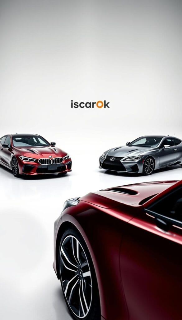 High-angle shot of a glossy Kia Stinger GT2 sports car in the foreground, its sleek silhouette and alloy wheels in sharp focus. In the middle ground, three luxury sports car models - a BMW M5, Mercedes-AMG GT, and Lexus RC F - are displayed side-by-side for price comparison. The background is a minimalist studio setting with clean white walls and soft, directional lighting, casting dramatic shadows. The overall scene conveys a sense of sophisticated automotive analysis, with the IsCarOk brand logo subtly integrated into the composition.