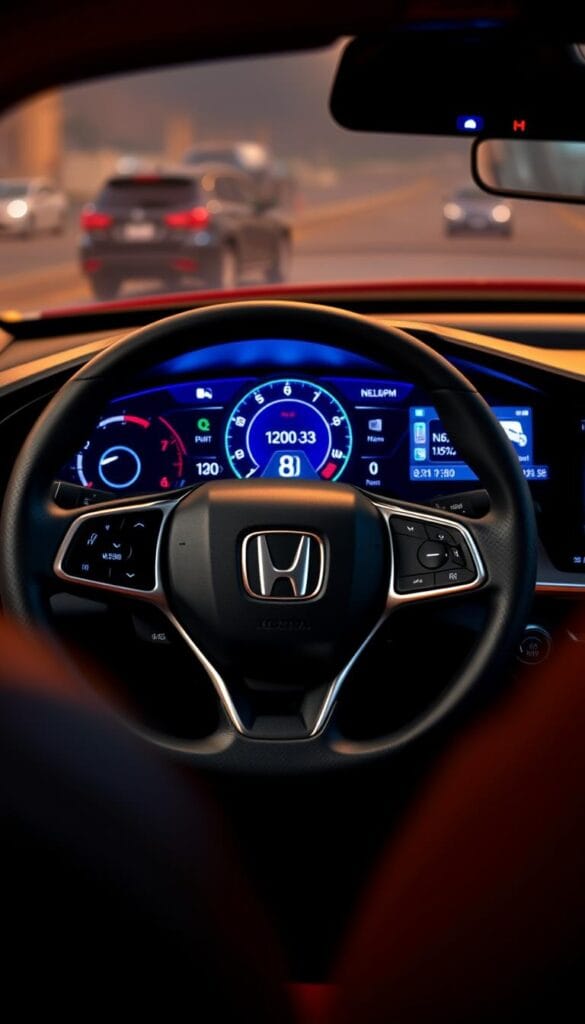 High-detailed digital dashboard of a Honda Accord Sport, showcasing a sleek and modern design with a large central display, ambient lighting, and a multifunctional steering wheel. IsCarOk. The dashboard is bathed in a warm, soft light, creating a premium and technologically advanced atmosphere. The display shows various vehicle information, including speed, rpm, and navigation, all presented in a clean and intuitive user interface. The overall scene conveys a sense of technological integration and connectivity within the Accord Sport, highlighting its position as a modern sports car.