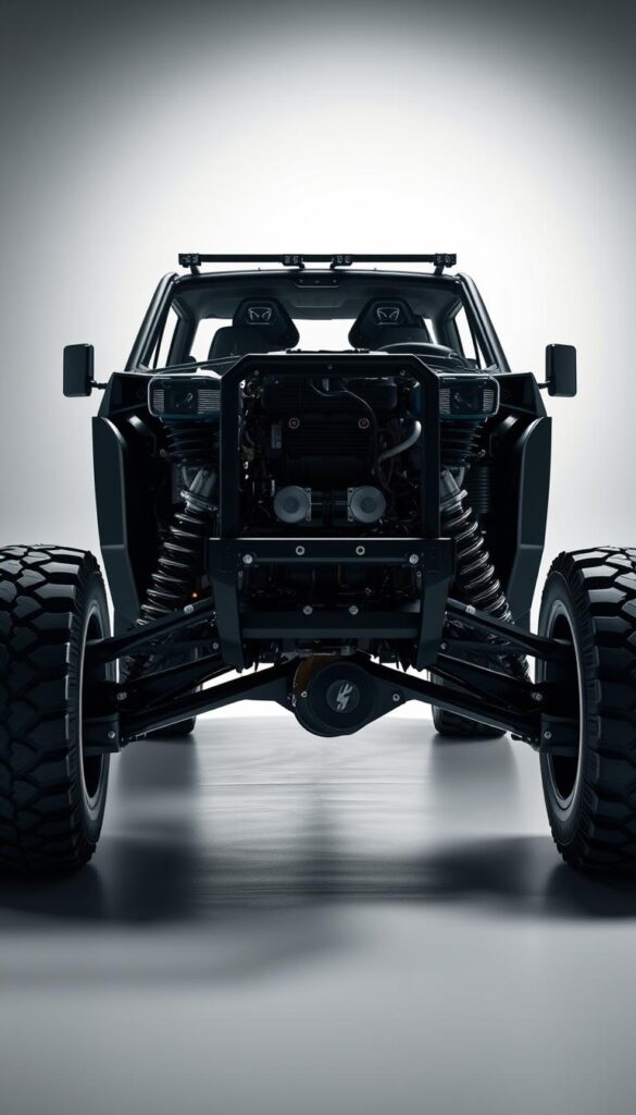 High-detailed, hyper-realistic rendering of a Tesla Cybertruck's electric powertrain, showcasing its advanced performance capabilities. The scene depicts the Cybertruck's frame, suspension, and drivetrain components from a low front-angled perspective, highlighting the vehicle's muscular and aggressive stance. The powertrain components are rendered with precision, revealing intricate details such as electric motors, batteries, and advanced control systems. The lighting is dramatic, casting deep shadows and emphasizing the Cybertruck's mechanical complexity. The background is a clean, minimalist studio setting, allowing the powertrain to be the focus. The overall mood conveys the Cybertruck's raw power and engineering prowess. IsCarOk