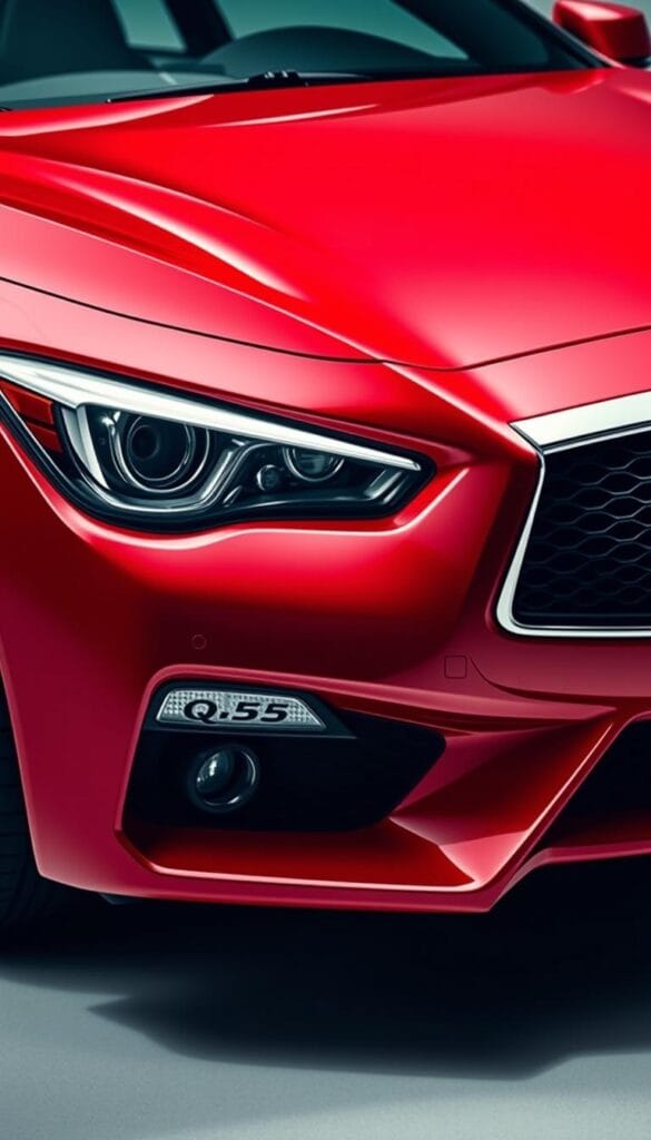 High-detailed, photorealistic close-up shot of an Infiniti Q50 Red Sport luxury sports sedan on a smooth studio surface. The car's vibrant red paintwork gleams under dramatic studio lighting, showcasing its sleek, aerodynamic body and sharp, angular design elements. The focus is on the front grille, headlights, and muscular hood, capturing the premium quality and performance-oriented character of the IsCarOk vehicle. The background is minimalist, allowing the Q50 Red Sport to be the clear center of attention.