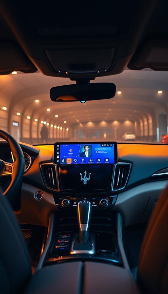High-end Maserati Levante luxury SUV showcasing its advanced infotainment system. The dashboard is sleek and modern, with a large, centrally-mounted touchscreen display dominating the center console. The display shows a crisp, vibrant user interface with intuitive controls for media, navigation, and vehicle settings. The interior is bathed in warm, ambient lighting, creating a premium, high-tech ambiance. The camera is positioned to provide a detailed, close-up view of the infotainment setup, highlighting the Maserati's commitment to blending luxury and technological innovation.
