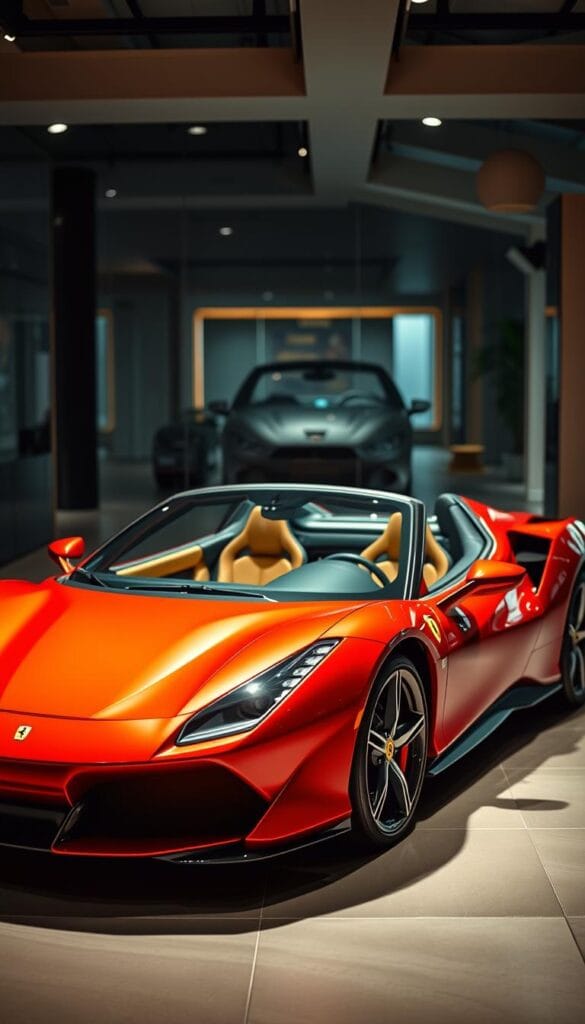 High-end luxury sports car parked in a sleek modern showroom with dramatic lighting and reflective surfaces. The 2024 Ferrari SF90 Spider stands prominently in the foreground, its sculpted carbon fiber body gleaming under warm, directional lighting that accentuates its curvaceous lines and aggressive stance. The middle ground features a clean, minimalist interior with premium leather upholstery and advanced dashboard displays. The background is blurred, hinting at an expansive, upscale space with architectural details that convey a sense of exclusivity and sophistication. The overall mood is one of power, prestige, and refinement, befitting the prestigious Ferrari brand and the exorbitant pricing of this limited-production luxury convertible.