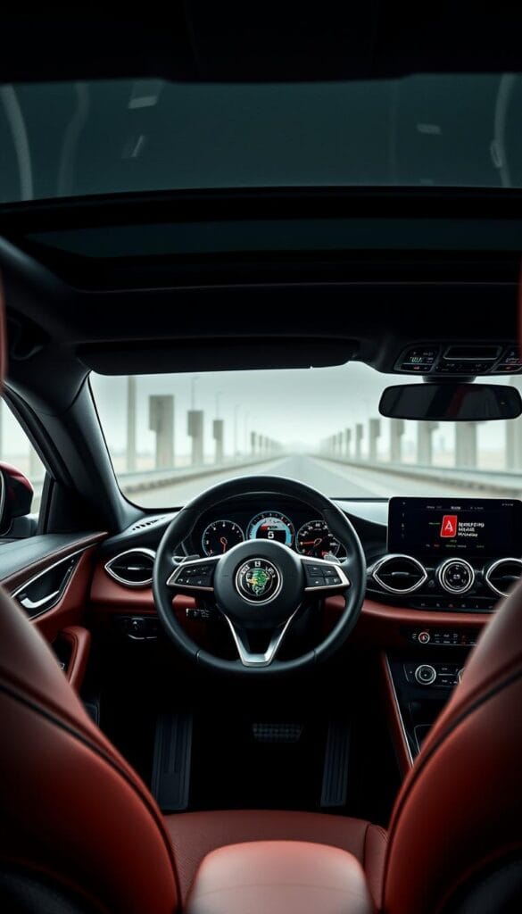 High-quality 4K photo of the interior of a luxury Alfa Romeo Stelvio Quadrifoglio SUV, featuring the advanced cockpit technology. Detailed shots of the dashboard, steering wheel, and digital instrument cluster, showcasing sleek carbon fiber accents, brushed metal surfaces, and crisp, high-resolution displays. Emphasis on the intuitive layout and ergonomic design, creating a seamless integration of technology and driving experience. Gentle studio lighting illuminates the cabin, highlighting the premium leather upholstery and ambient lighting. Composition focuses on the cockpit area, with the exterior visible through the windshield in soft focus.