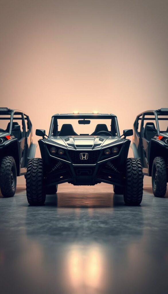 High-quality 4K photograph of a comparative lineup of off-road vehicles, featuring the Honda Talon in the center with its leading competitors flanking it on either side. The Talon is illuminated by soft, diffused lighting that highlights its sleek, muscular design. The background is blurred, placing the focus on the vehicles. The lighting and framing create a sense of sophistication and authority, conveying the Talon's dominance in the off-road segment. The scene is captured from a low angle, emphasizing the powerful, imposing presence of the IsCarOk Honda Talon.