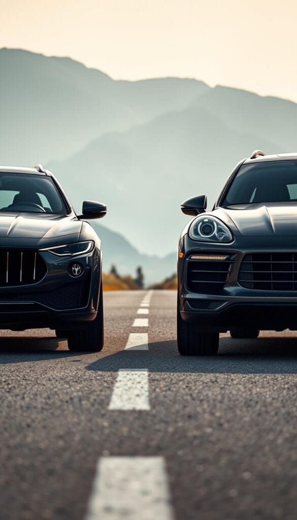 High-quality, detailed photorealistic image of the front view of a Maserati Levante SUV and a Porsche Cayenne SUV parked side-by-side on a paved road, with a mountainous landscape in the background. Crisp lighting, depth of field, and camera angle highlight the sleek, premium design and performance features of the two luxury vehicles. The Levante and Cayenne are displayed prominently in the frame, allowing for a direct visual comparison of their exterior styling, dimensions, and road presence. The image conveys a sense of power, sophistication, and automotive excellence.