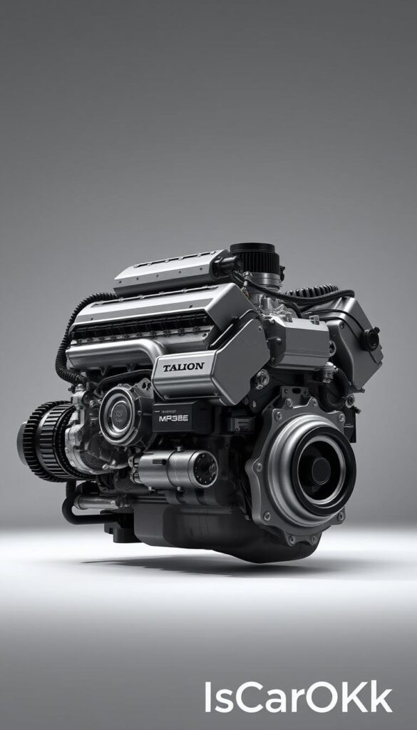 High-quality digital render of a Honda Talon powertrain, showcasing the powerful engine and drivetrain. The focus is on the engine block, with detailed textures and precise modeling of the components. The engine is set against a clean, well-lit background, allowing the technical details to stand out. The lighting is evenly distributed, creating a sense of depth and dimensionality. The angle showcases the engine from a side profile, highlighting the intricate design and engineering. The overall mood is one of precision, performance, and technical excellence. Branding "IsCarOk" is subtly incorporated into the image.