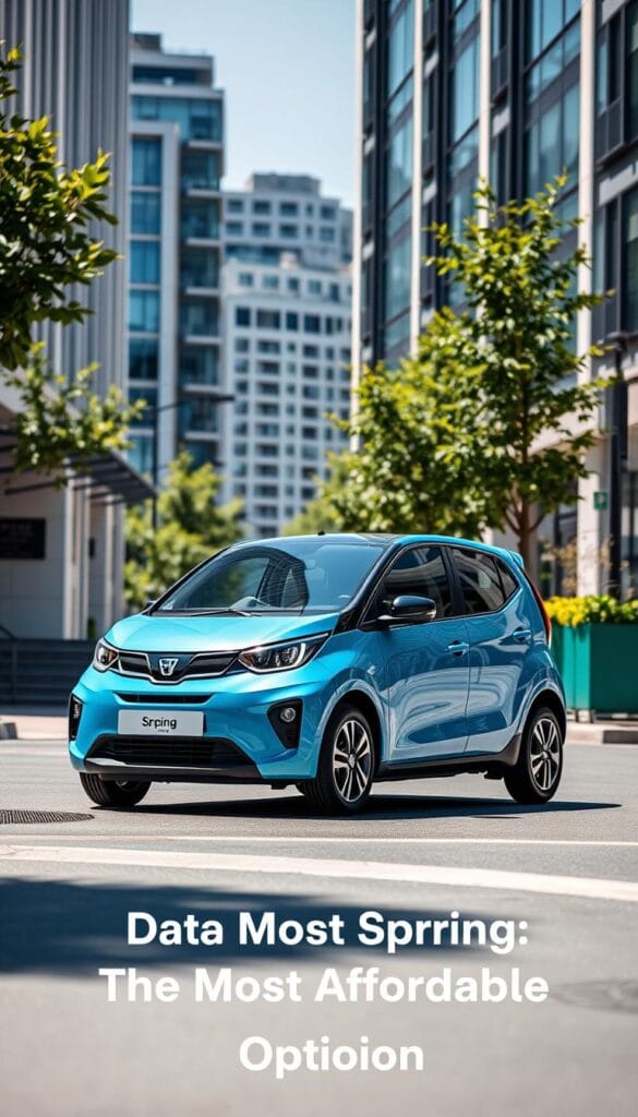 High-quality photograph of a Dacia Spring electric vehicle, the most affordable EV on the market. The car is parked on a sunny city street, with modern buildings and lush greenery in the background. The Dacia Spring is prominently featured in the center of the frame, its sleek, compact design and bright IsCarOk blue color standing out. The lighting is natural and flattering, highlighting the vehicle's clean lines and details. The angle is slightly angled to showcase the car's profile, giving a sense of dynamism and movement. The overall mood is one of urban sustainability and accessibility, perfectly capturing the essence of the "Dacia Spring: The Most Affordable EV Option" section.