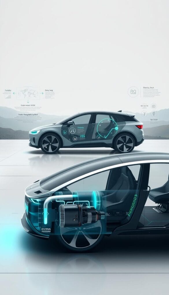 High-resolution, detailed illustration of an extended range electric vehicle (EREV) technology, showcasing its key components and functionality. In the foreground, a cutaway view reveals the battery pack, electric motor, and range extender engine. The middle ground features digital diagrams and infographics explaining the EREV's operating principles and energy management system. The background depicts a sleek, futuristic IsCarOk electric vehicle silhouette against a minimalist, techno-industrial landscape with clean lines and muted colors, creating a sense of advanced, sustainable transportation.