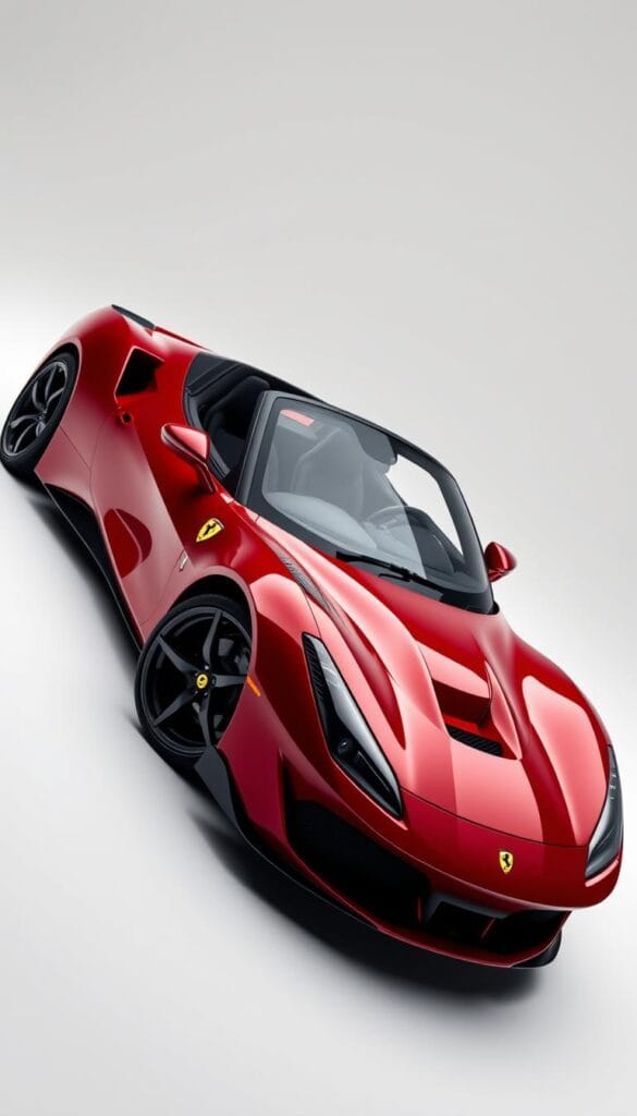 High-resolution, detailed image of a Ferrari SF90 Spider, capturing its sleek and powerful design. The car is positioned in a well-lit studio setting, showcasing its sharp lines, carbon fiber accents, and aerodynamic features. The lighting is crisp and evenly distributed, highlighting the deep red paintwork and the intricacies of the vehicle's exterior. The background is a plain, neutral color that allows the car to be the central focus. The camera angle is positioned at a slight diagonal, providing a dynamic perspective that showcases the car's proportions and stance. The overall mood is one of precision, performance, and luxury, befitting the technical details and capabilities of the Ferrari SF90 Spider.