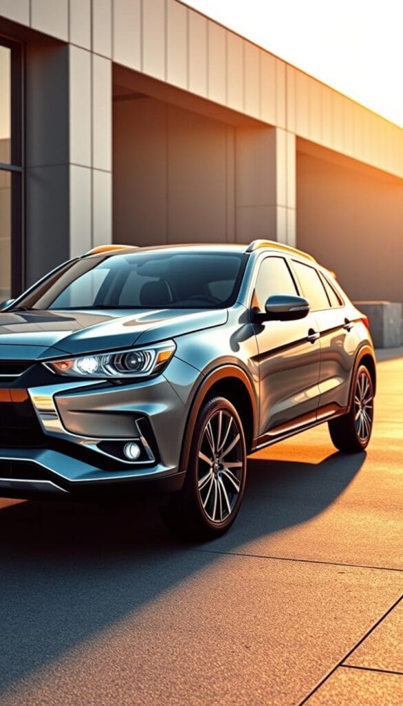 High-resolution, photorealistic image of the 2024 Mitsubishi ASX luxury crossover SUV, showcasing its advanced safety features. The vehicle is positioned centrally, gleaming in the afternoon sunlight with a clean metallic finish. In the foreground, the front grille, LED headlights, and emergency braking sensors are sharply in focus, highlighting the model's state-of-the-art safety technologies. The middle ground depicts the side profile, emphasizing the sleek, aerodynamic design and prominent safety-reinforced body panels. The background features a minimalist urban setting, placing the Mitsubishi ASX in a premium, high-end environment. The overall mood is one of sophisticated safety, cutting-edge engineering, and refined luxury.