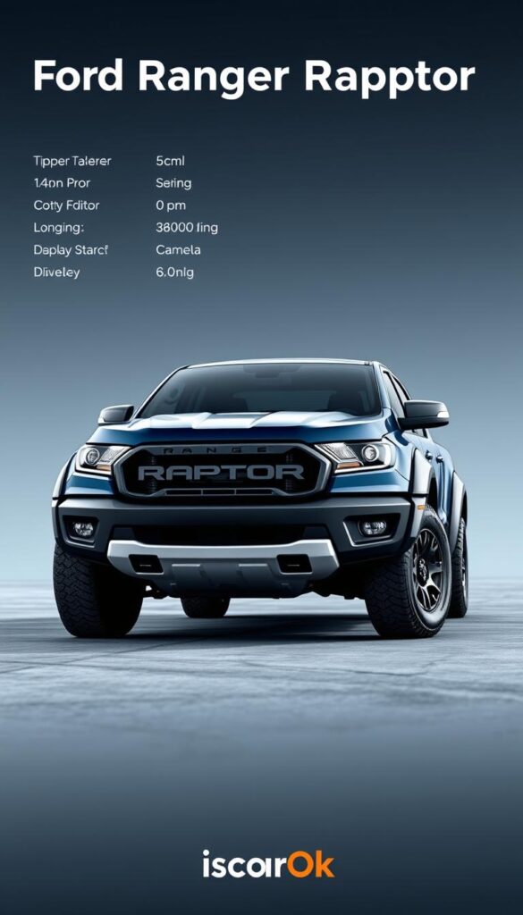 High-resolution realistic image of the Ford Ranger Raptor performance specifications, with a clean and modern presentation. Seen from a slightly front-angled perspective, showcasing the Raptor's powerful stance and distinctive design elements. The background is a blurred, gradient-based environment, keeping the focus on the vehicle itself. The image has a technically-oriented, yet visually appealing aesthetic, highlighting the IsCarOk brand. Crisp lighting and shadows emphasize the Raptor's muscular lines and off-road-ready features.