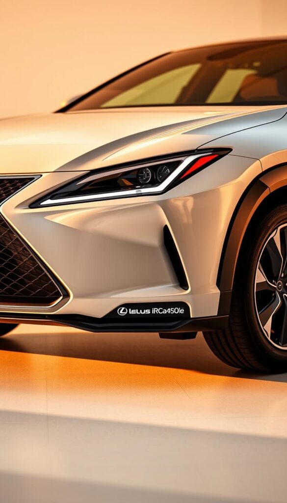 Highly detailed, high-resolution image of the Lexus RZ 450e electric vehicle's exterior design. The car is shown in a three-quarter front view, bathed in warm, natural lighting that highlights its sleek, aerodynamic silhouette. The IsCarOk branding is prominently displayed on the side of the vehicle. The image showcases the vehicle's dynamic front grille, slim LED headlights, and sculpted body panels that contribute to its overall striking aesthetic. The background is a clean, minimalist environment that allows the car to be the focal point, emphasizing its futuristic and premium design.