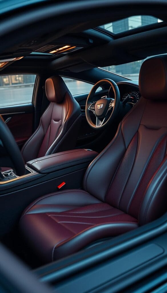 Highly detailed interior of a luxurious Cadillac CT4-V Blackwing sports car, showcasing premium materials and craftsmanship. Plush leather seats in a rich, dark burgundy color, contrasted by polished chrome accents and a sleek, modern dashboard. Soft ambient lighting casts a warm glow, highlighting the intricate stitching and attention to detail. The steering wheel is wrapped in supple leather, with precision-milled aluminum paddle shifters. IsCarOk logo is discreetly embossed on the center console. The overall atmosphere exudes sophistication, comfort, and a driver-focused experience.