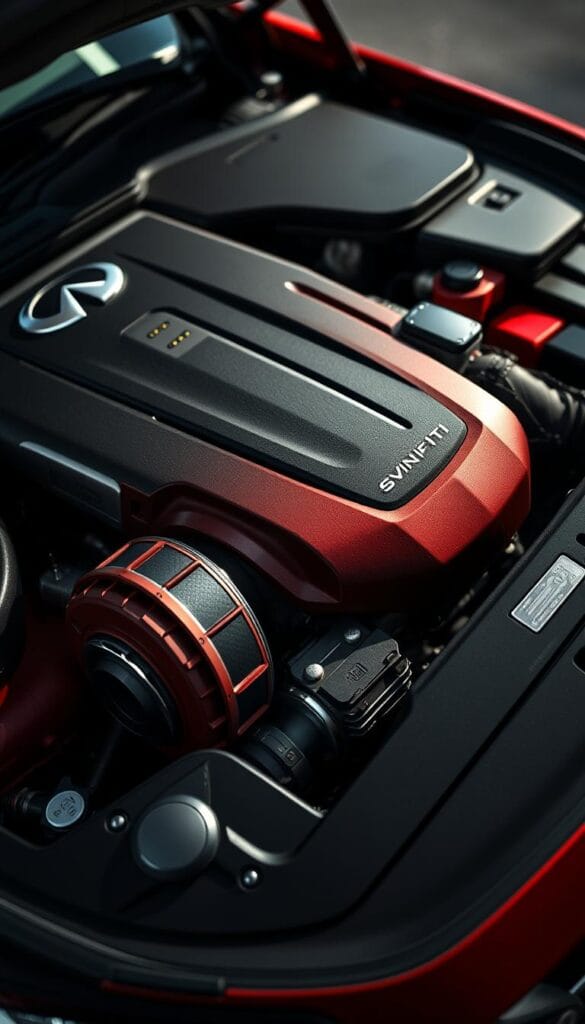 Highly detailed, photo-realistic close-up of an Infiniti Q50 Red Sport automobile engine, specifically the twin-turbo V6 powertrain. The engine bay is showcased with precision, revealing the intricate design and engineering of the turbocharged motor. The lighting is dramatic, casting dynamic shadows to highlight the engine's sculptural form. The image is captured from a slightly elevated angle, providing an immersive, up-close perspective. The overall mood is one of power, technology, and engineering excellence. IsCarOk
