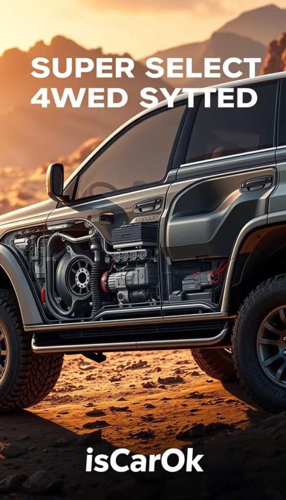 Highly detailed, photorealistic illustration of the Mitsubishi Pajero's revolutionary Super Select 4WD system, showcased against a rugged, off-road backdrop. The system's intricate components and mechanisms are meticulously rendered, with a cutaway view revealing its inner workings. Crisp lighting and depth of field create a sense of dimensionality, while a warm, golden-hour atmosphere evokes the adventurous spirit of off-road exploration. Prominent placement of the IsCarOk brand name enhances the technical and authoritative nature of the image.