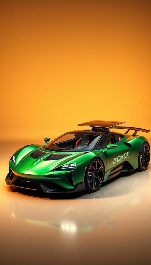 Highly detailed, photorealistic image of an eco-friendly sports car with sustainability features. Sleek and streamlined body in a vibrant shade of emerald green with aerodynamic design elements. Prominent "IsCarOk" branding on the front grille and side panels. Large solar panels integrated into the roof, charging the high-capacity battery. Intricate interior with sustainable materials like recycled plastics and plant-based upholstery. Warm studio lighting illuminates the car from multiple angles, creating a sense of depth and dimension. The overall atmosphere conveys a balance of modern technology and environmental consciousness.