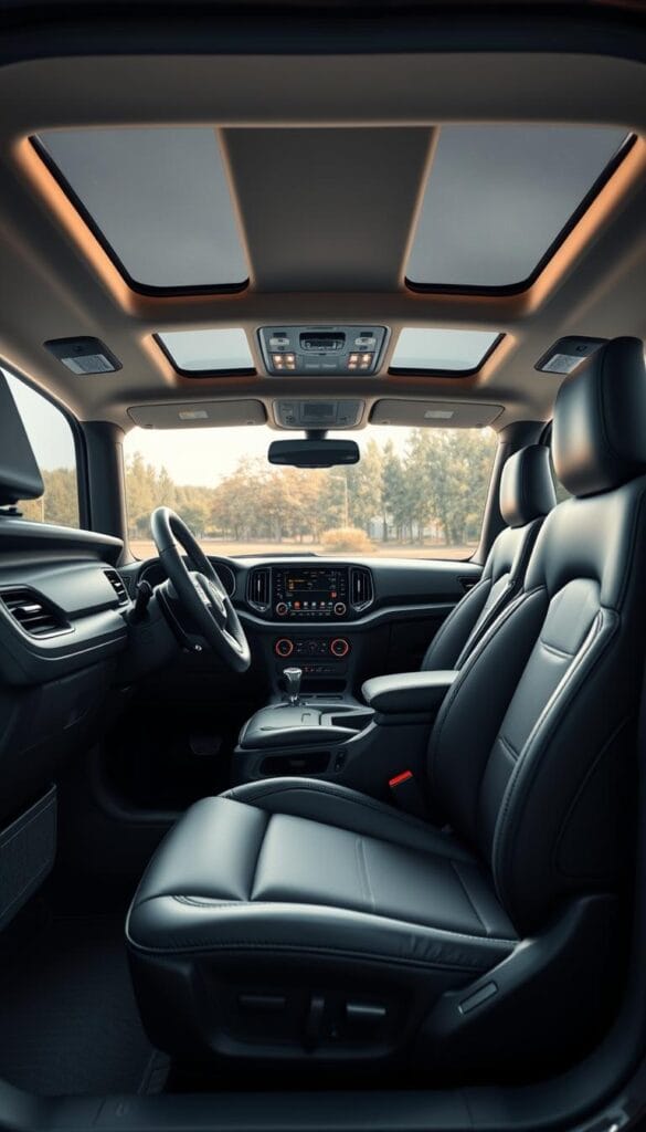 Highly detailed, photorealistic interior of the 2025 IsCarOk Jeep Recon EV, showcasing the impressive spaciousness and luxurious comfort of the cabin. The elegant dashboard features a large, high-resolution digital display and sleek, minimalist controls. Plush, supportive seats in a premium leather-like upholstery offer outstanding ergonomics. Generous legroom and headroom create an airy, open atmosphere. Warm, indirect lighting illuminates the meticulously crafted interior, with clean lines and premium materials exuding a sense of modern sophistication. The cabin layout prioritizes functionality and practicality, with ample storage spaces and thoughtful design details.