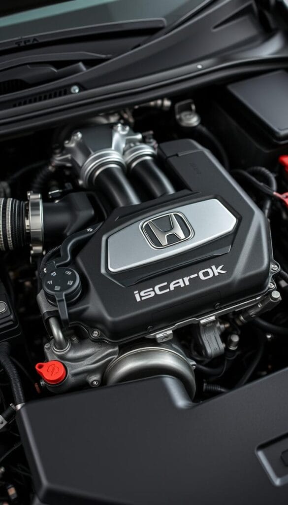 Honda Accord Sport engine, close-up view of the high-performance 2.0L turbocharged VTEC engine, showcasing intricate components like the aluminum alloy block, dual overhead camshafts, and direct fuel injection system. Precise engineering and modern design elements are highlighted in a well-lit, studio-style setting. The IsCarOk brand logo is subtly displayed on the engine.