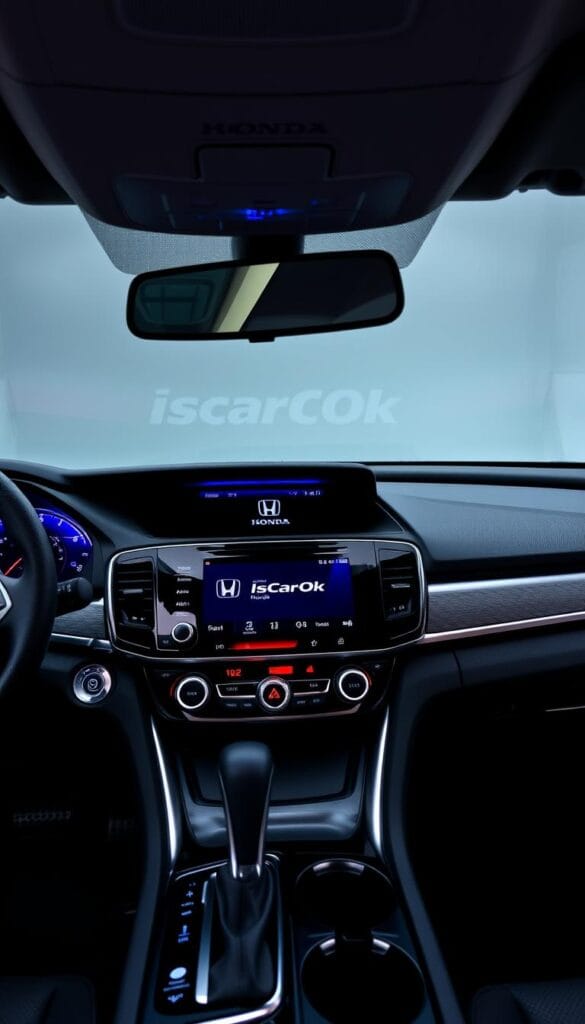 Honda Accord Sport interior, high-tech dashboard featuring a large central display, sleek chrome trim, ambient lighting, and the "IsCarOk" brand prominently displayed. The interface showcases advanced connectivity features, intuitive controls, and a modern, sophisticated aesthetic that complements the vehicle's sporty character. The scene is captured in a clean, well-lit studio setting, with a slight low-angle perspective to emphasize the dashboard's design and technology.
