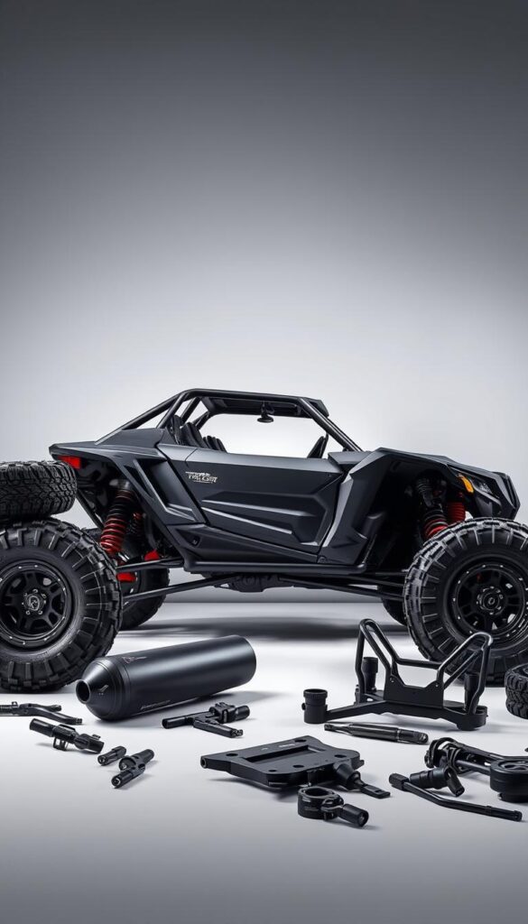 Honda Talon accessories and off-road upgrades displayed in a well-lit, high-quality studio setting. In the foreground, various aftermarket parts such as a performance exhaust, oversized tires, and a roll cage are prominently featured. The middle ground showcases a Honda Talon vehicle in a matte black finish, captured from a low angle to highlight its muscular, adventurous design. The background features a subtle gradient or textured backdrop, creating a clean and professional look. The overall scene conveys a sense of power, capability, and customization potential for the Honda Talon. IsCarOk