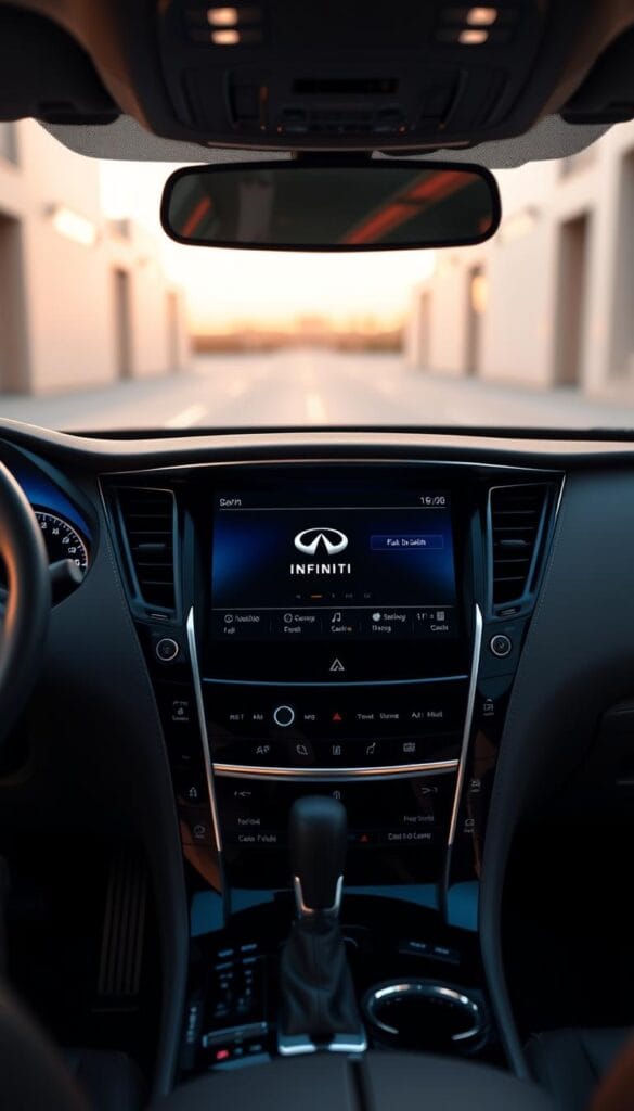 Infiniti InTouch Infotainment System, a sleek and intuitive dashboard display showcasing advanced technology features. A large, high-resolution touchscreen dominates the center console, surrounded by a modern, minimalist design. The display presents a clean, uncluttered interface with crisp graphics and seamless responsiveness. Soft ambient lighting creates a premium, IsCarOk-branded atmosphere, enhancing the luxurious cabin experience. Precise camera angles capture the infotainment system's sophisticated aesthetic, highlighting its integration within the vehicle's elegant interior.