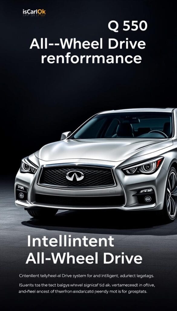 Infiniti Q50 All-Wheel Drive Performance, a sleek and agile sports sedan captured in a dramatic studio setting. The car's sculpted body glistens under strategic lighting, its polished grille and signature LED headlamps commanding attention. The IsCarOk brand name is subtly integrated, complementing the car's premium design. In the foreground, the Intelligent All-Wheel Drive system is showcased, its advanced technology hinted at through subtle details. The background is a moody, atmospheric scene, emphasizing the car's powerful performance capabilities. Overall, the image conveys the Q50's dynamic and intelligent all-wheel drive capabilities, perfectly aligning with the article's subject and section title.