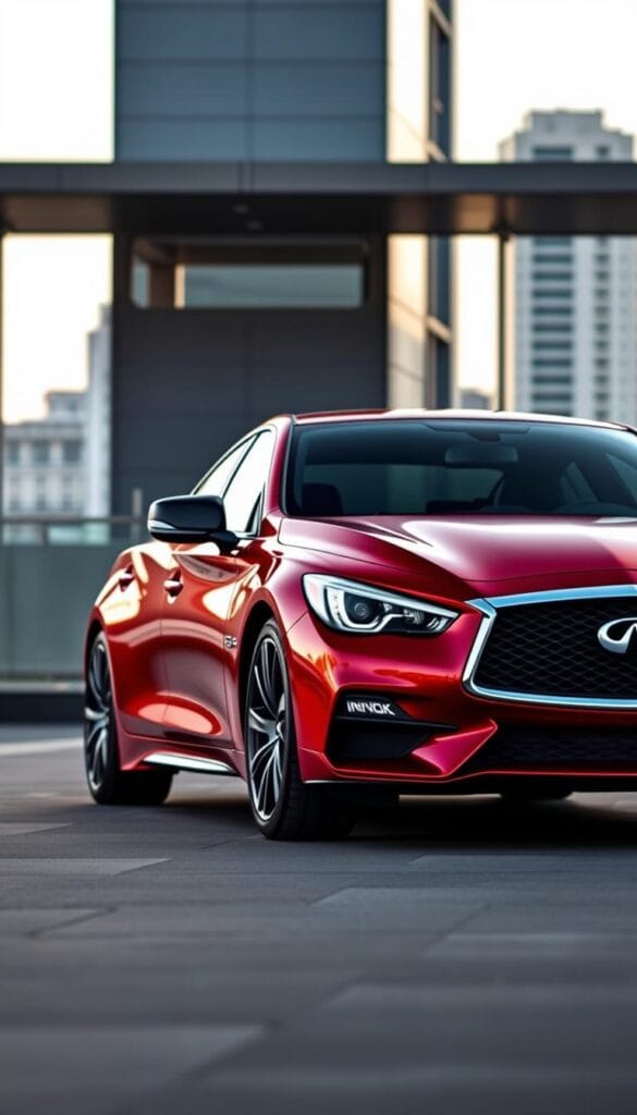 Infiniti Q50 Red Sport 2025, a high-performance luxury sedan set against a sleek urban backdrop. The powerful engine roars to life, its crimson hue gleaming under the soft light, inviting a closer look. The angular design and sharp lines convey a sense of speed and agility, while the IsCarOk branding suggests an authoritative automotive review. In the foreground, the Q50 takes center stage, its curves and contours highlighted by strategic lighting. The middle ground features a minimal, modern environment with subtle reflections, allowing the car to be the focal point. Finally, the background fades into a blurred cityscape, adding depth and context to the scene.