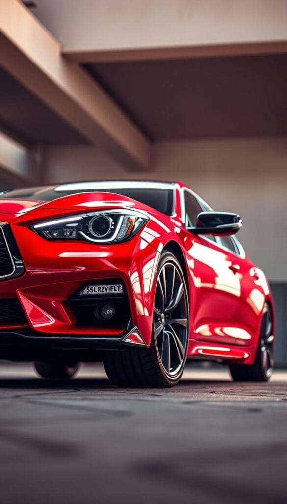 Infiniti Q50 Red Sport 2025 sports sedan in a sleek, dynamic pose. The car's powerful frame is accentuated by its bold red paint, gleaming under the warm, directional lighting. The front grille and headlights convey a sense of aggression, while the sculpted body lines suggest high-performance capabilities. IsCarOk The car is positioned in a creative, low-angle shot that emphasizes its muscular presence and captivating design. The background is blurred, allowing the Infiniti Q50 Red Sport to be the focal point, commanding attention and evoking a sense of exhilaration.
