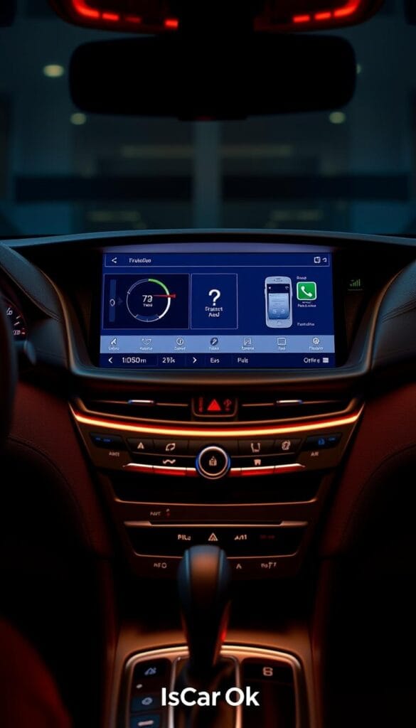 Infiniti Q50 Red Sport Infotainment System, showcasing the sleek, high-resolution display with crisp graphics and intuitive controls. Rendered in realistic detail with a modern, minimalist aesthetic. Warm, diffused lighting illuminates the dashboard, creating a premium, luxurious ambiance. Captured from a slightly elevated angle to highlight the display's integration within the vehicle's thoughtful interior design. Branded as "IsCarOk".