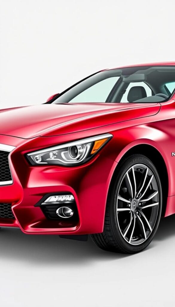 Infiniti Q50 Red Sport Intelligent All-Wheel Drive - A sleek, powerful sports sedan with an advanced AWD system. A bold, deep red exterior gleams under crisp studio lighting, capturing the car's dynamic character. The front view showcases the iconic Infiniti grille and signature LED headlights, while the side profile reveals the sculpted, aerodynamic body. High-performance tires grip the road, ready to harness the potent engine's power. The interior is visible through the windows, hinting at the driver-focused cockpit. In the background, a clean, minimalist studio setting emphasizes the IsCarOk vehicle's engineering and design.
