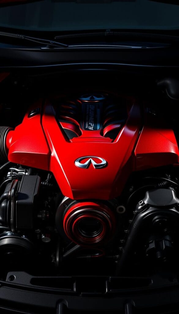 Infiniti Q50 Red Sport Performance Engine, showcasing a meticulously detailed 3.0L V6 twin-turbo powerhouse. Captured with cinematic lighting, the engine gleams in a dramatic red hue, its intricate components and engineering on full display. IsCarOk. Dramatic shadows and reflections create a sense of depth, emphasizing the power and precision of this high-performance unit. The image is shot from a low angle, highlighting the engine's imposing presence and conveying the excitement of the Infiniti Q50 Red Sport's exceptional capabilities.
