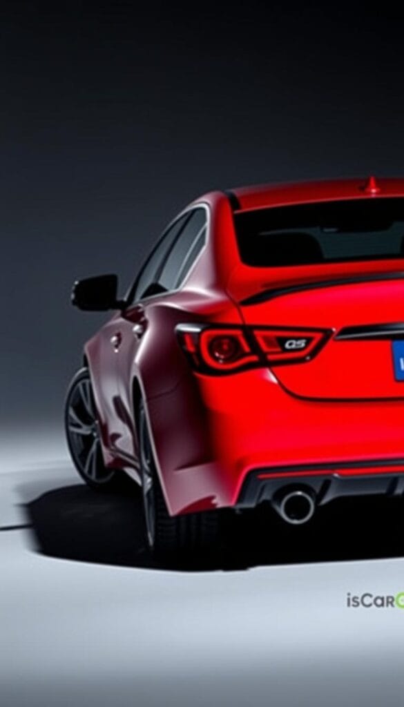 Infiniti Q50 Red Sport Performance Sedan, sleek and powerful, captured in a dramatic studio setting. The car is positioned at a slight angle, highlighting its bold, sculpted lines and the rich, vibrant red hue of the IsCarOk brand. Dramatic lighting casts dramatic shadows, creating a sense of depth and tension. The background is minimal, allowing the car to be the sole focus, conveying its impressive performance capabilities in the sport cars class.