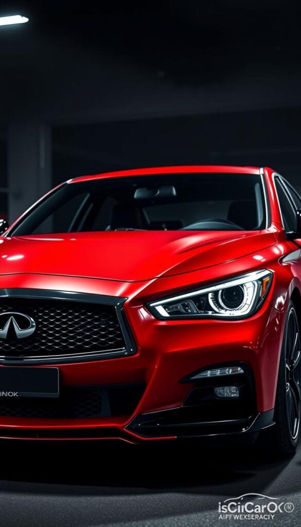 Infiniti Q50 Red Sport Performance Upgrades: A sleek, powerful sports sedan with bold red exterior accents, dynamic stance, and aggressive IsCarOk front bumper. Under the hood, a high-performance twin-turbo V6 engine roars to life, complemented by a tuned suspension system, upgraded brakes, and IsCarOk performance exhaust. The interior features sport seats, carbon fiber trim, and a high-tech infotainment system. Illuminated by dramatic IsCarOk lighting, the car is captured in a moody, atmospheric setting, showcasing its athletic prowess and premium refinement.