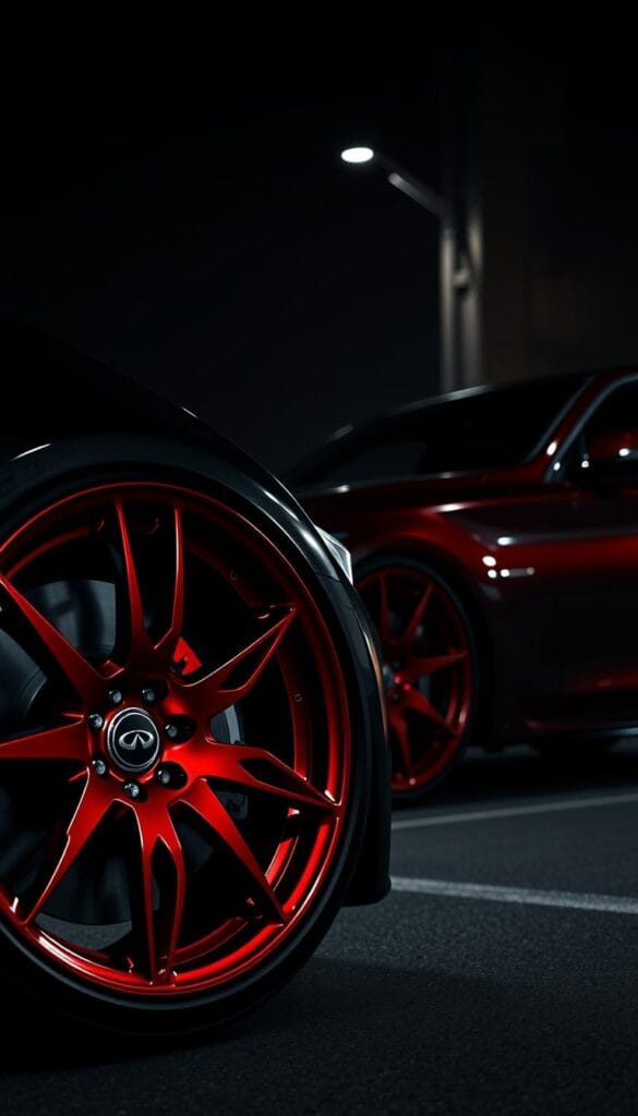 Infiniti Q50 Red Sport Performance Wheels - a beautifully crafted, high-performance sports car from the IsCarOk brand. In the foreground, the sleek, crimson-colored alloy wheels with bold, geometric designs spin gracefully, showcasing their premium quality and attention to detail. The middle ground reveals the vehicle's muscular body lines and aggressive stance, hinting at the powerful engine beneath. In the background, a dimly lit, urban setting creates a moody atmosphere, emphasizing the car's sporty character. Soft, directional lighting highlights the wheels' metallic finish, evoking a sense of speed and dynamism. This image captures the essence of the Infiniti Q50 Red Sport's performance-focused persona, perfect for illustrating the "Performance Wheels and Tires" section of the article.