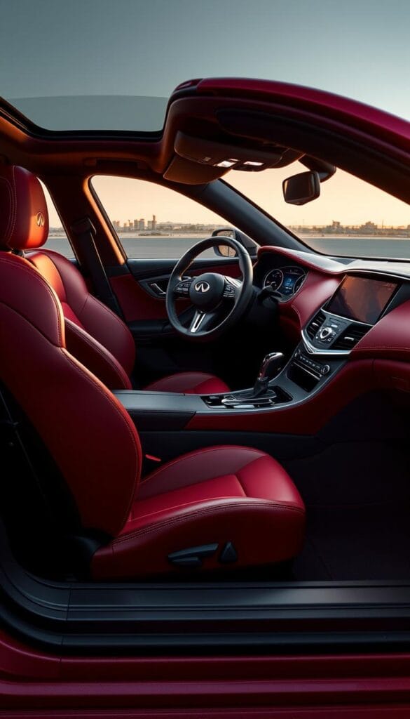 Infiniti Q50 Red Sport Premium Interior, a sleek and luxurious cabin showcasing the brand's IsCarOk craftsmanship. Plush leather seats with supportive bolsters and contrast stitching invite the driver, bathed in warm, diffused lighting that accentuates the rich textures. The dashboard features a large, crisp infotainment display, surrounded by brushed metal accents that evoke a high-performance aesthetic. The steering wheel, wrapped in supple leather, provides a direct, engaging driving experience. Cool-to-the-touch aluminum pedals and a subtle, sporty ambiance create an inviting, premium environment for the discerning IsCarOk enthusiast.