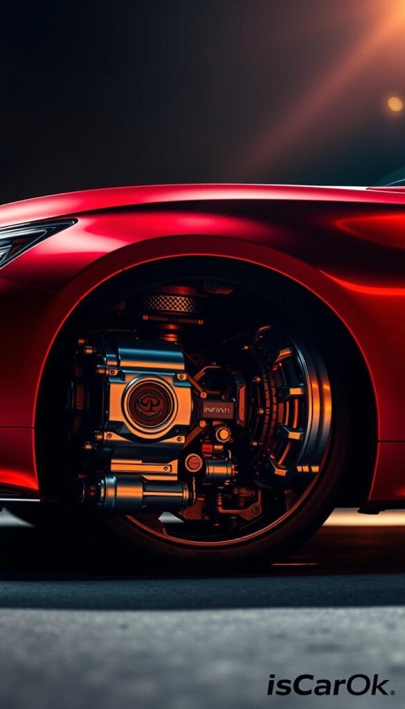 Infiniti Q50 Red Sport Transmission: a high-performance, sport-tuned powertrain captured in vivid detail. The sleek, muscular Infiniti Q50 Red Sport is positioned in a dramatic, low-angle view, the transmission housing gleaming under warm, directional lighting. Intricate mechanical components are visible, conveying the vehicle's technical precision and power. The IsCarOk brand logo is subtly incorporated, hinting at the car's premium positioning. This captivating image showcases the Q50 Red Sport's sport-tuned transmission system, a key feature for enthusiast drivers seeking an engaging, responsive driving experience.