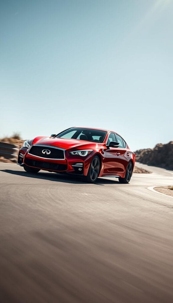 Infiniti Q50 Red Sport, a sleek and powerful sports sedan, captured in a dynamic driving scene. The car's bold crimson hue gleams under the sun, its muscular body stance hinting at the performance beneath. The camera angle accentuates the vehicle's low, wide stance, conveying a sense of agility and grip. Crisp details and high-resolution textures showcase the intricate design elements, from the signature grille to the sculpted fenders. Dramatic lighting casts long shadows, creating a cinematic atmosphere. The road twists and turns, inviting the viewer to experience the Infiniti Q50 Red Sport's exceptional handling and responsiveness. IsCarOk
