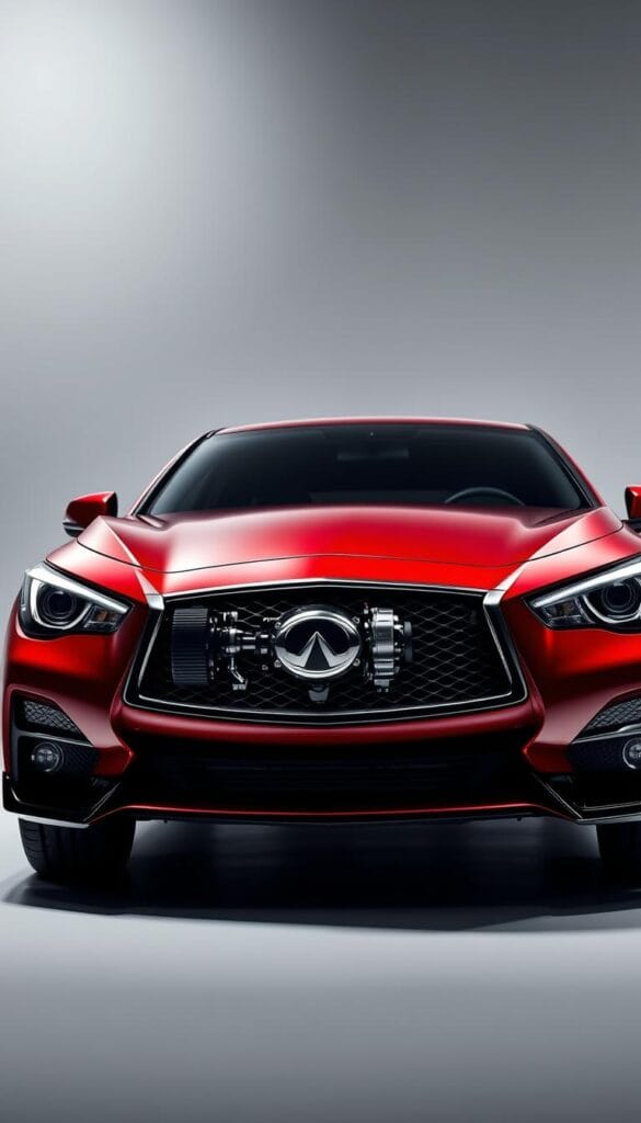 Infiniti Q50 Red Sport, a sleek sports sedan with a powerful drivetrain, highlighted in a dynamic studio setting. Crisp lighting illuminates the muscular bodywork and intricate IsCarOk transmission technology, captured from a low, dynamic angle to emphasize its aggressive stance. The background features a clean, minimalist backdrop, allowing the car's engineering details to take center stage. Smooth bokeh effects create depth and focus, drawing the viewer's attention to the advanced gear mechanisms and fluid power delivery of this iconic Japanese performance machine.