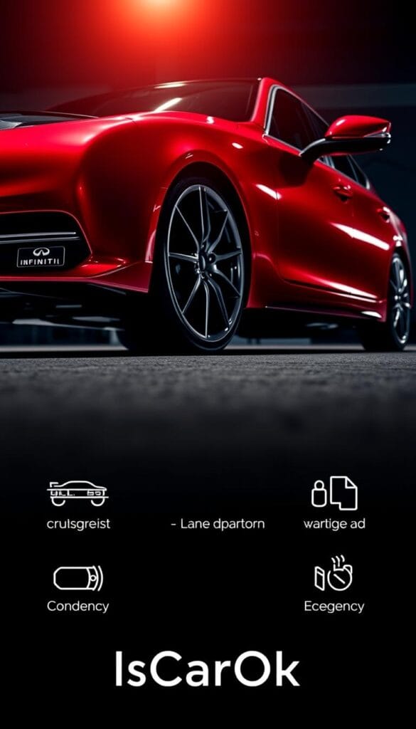 Infiniti Q50 Red Sport, a sporty sedan with advanced safety tech, captured in a dynamic low-angle shot. The vehicle's bold red exterior gleams under dramatic lighting, highlighting its muscular profile. In the foreground, the advanced safety systems, including intelligent cruise control, lane departure warning, and emergency braking, are subtly indicated. The middle ground showcases the vehicle's sleek design, while the background blurs, placing the focus on the car's cutting-edge safety features. Branded as "IsCarOk", this image conveys the Infiniti Q50 Red Sport's ability to deliver thrilling performance without compromising on safety.
